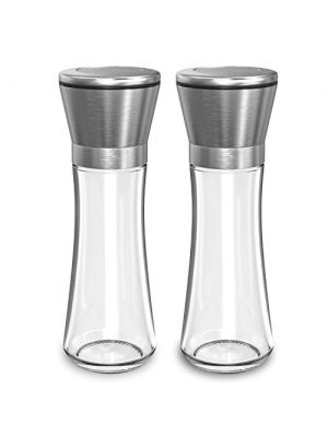 Nuovoware Pepper Grinder Set of 2, Premium Brushed Stainless Steel Pepper Mill Spice Grinder with 6.76 OZ Clear Glass Body and Adjustable Coarseness, Easy to Refill, Silver