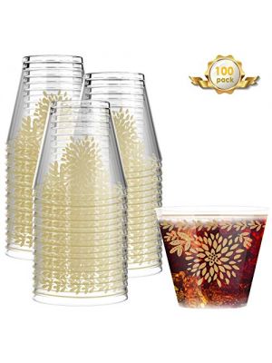 Nuovoware Disposable Plastic Cups, [100 Pack] 9 Ounce Clear Plastic Cups Tumblers Fancy Disposable Wedding Cups Elegant Party Cups with Gold Silk Ccreen, Plastic Cocktail Glasses, Bulk Party Cups 